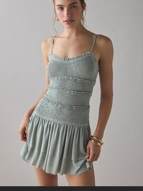 Urban Outfiters Smocked Spaghetti Strap Mini Dress in Sage Green. M/L